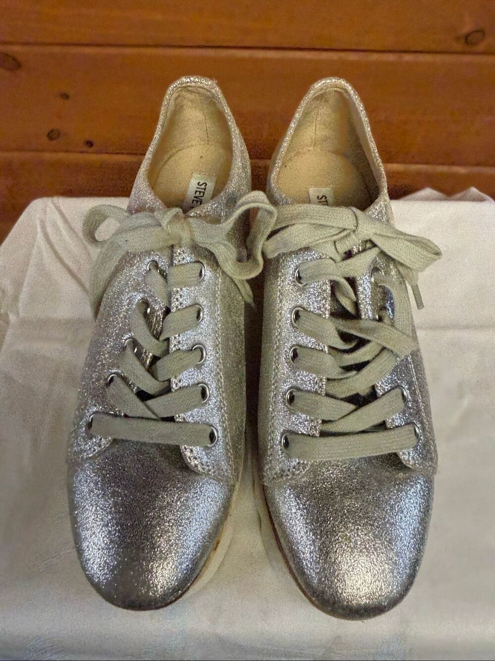 Steve Madden Korrie silver wedge shoes metallic finish cork platform Sz 8 - Picture 6 of 8